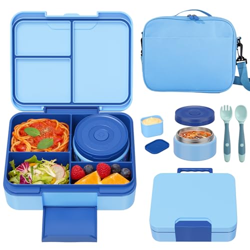 Kids Bento Lunch Box Set with 9.5oz Soup Thermo, Leak-Proof Lunch Food Containers with 3 Compartment and Removable Inner Tray, Insulated Hot Food Jar with Lunch Bag for School, Office, Sea Blue by Reeple - Used condition - US$20.51