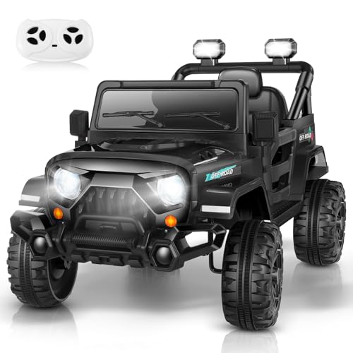 Hikole Electric Ride on Car - 12V Battery Powered Cars with Parent Remote Control, LED Lights, 3 Speeds, Spring Suspension, Seat Belt, MP3, Electric Truck for Kids 3-6, Black