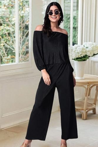 Image of POPWINGS Casual Wrinkle Full Sleeves Off-Shoulder Top and Palazzo Co-ord Set for Women || Co-Ords Set for Women Stylish Western || Top and Palazzos Set for Women|| 2 Piece Set for Women