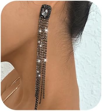 Wekicici Black Crystal Chandelier Tassel Earrings Long Rhinestone Tassel Strand Earrings Drop Dangle Earrings for Women Valentine's Day Wedding(Black)