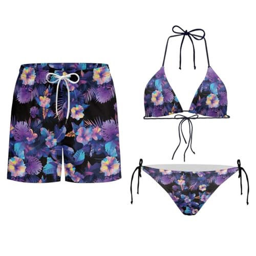 Howilath Hawaiian Purple Hibiscus Matching Bathing Suits for Couples Sporty Board Shorts Men & Slimming Bikini Women, Summer Beach, M