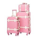 UNIWALKER Vintage Pink Suitcase Set, 3 Piece Retro Trunk Luggage with Spinner Wheels TSA Lock and Cosmetic Train Case for Women