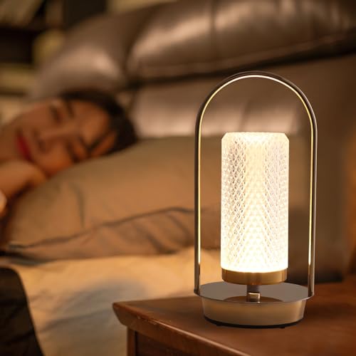 ONEVER Crystal Lantern Lamp, Lumisom Crystal Lamp with Touch Control 3 Color Modes & Stepless Dimmable, Cordless Table Lamp, Portable Metal Table Lamp for Indoor/Outdoor
