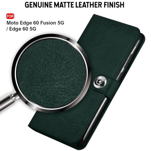 Image of TheGiftKart Flip Cover Back Case for Motorola Moto Edge 60 Fusion 5G / Moto Edge 60 5G | Genuine Leather Finish | Designer Button | Inbuilt Pockets & Stand | Flip Back Cover Case (Faux Leather, Green)