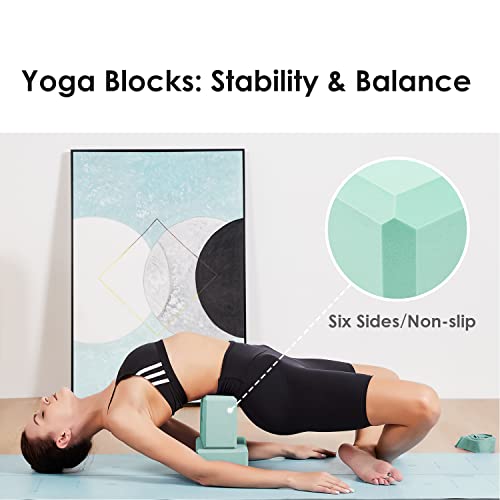 REEHUT Yoga Block 2 Pack and Metal D Ring Yoga Strap 1 Pack Combo Set, 9" x 6" x 4"High Density EVA Foam Block to Support and Deepen Poses, 8FT Yoga Belt for Stretching, General Fitness (Black) (Mint Green, 9*6*4in-2pcs, 8ft) - Thumbnail 4