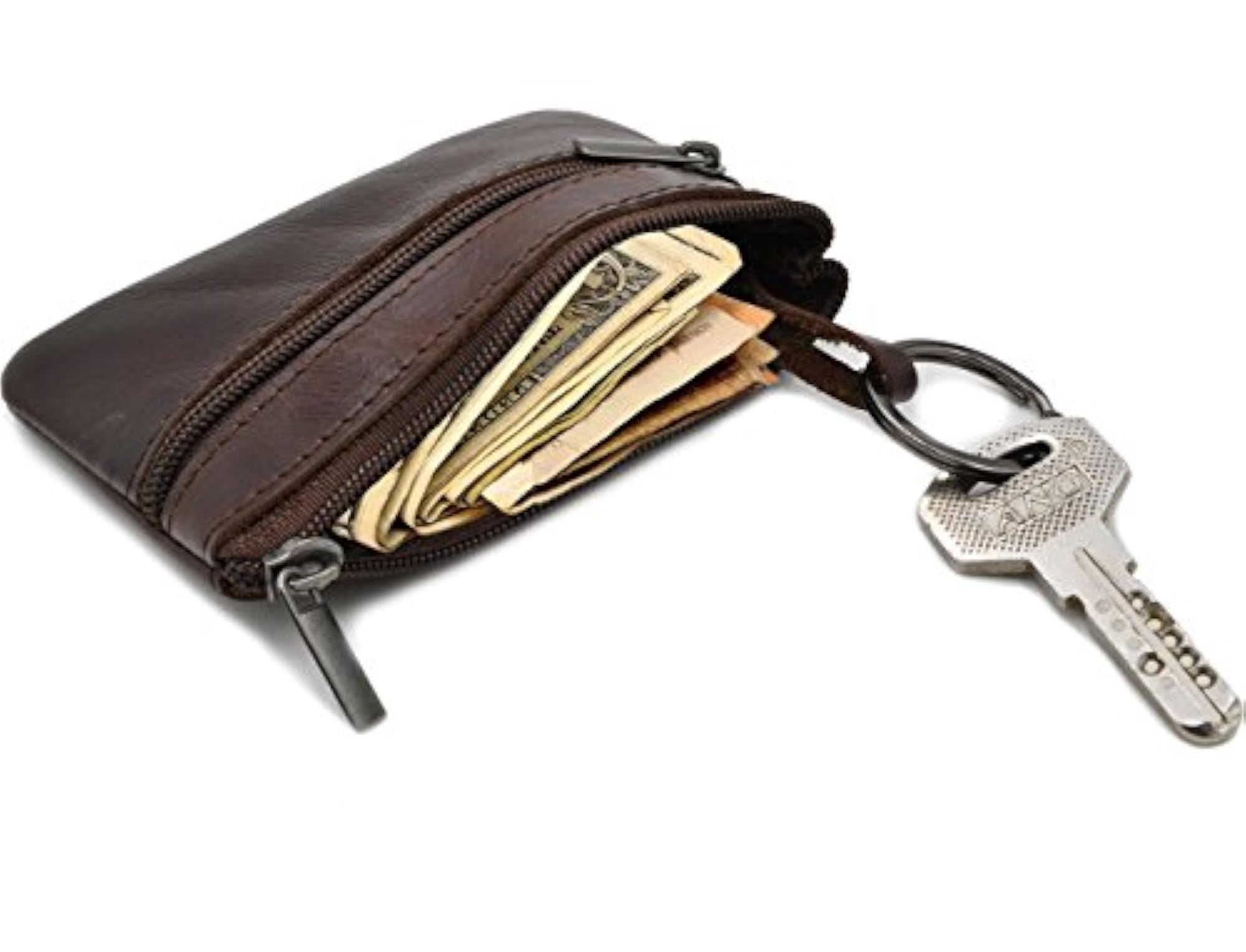 Genuine Leather Coin Pouch Mini Purse Wallet, Double Zipper