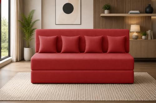 Image of Sofa Cum Bed with Jute Fabric, Convertible Four Seater Sofa Bed 6x6 Ft, Comfortable Cushioned Seating, Space Saving Design for Living Room, Bedroom & Guest Room - Red Color