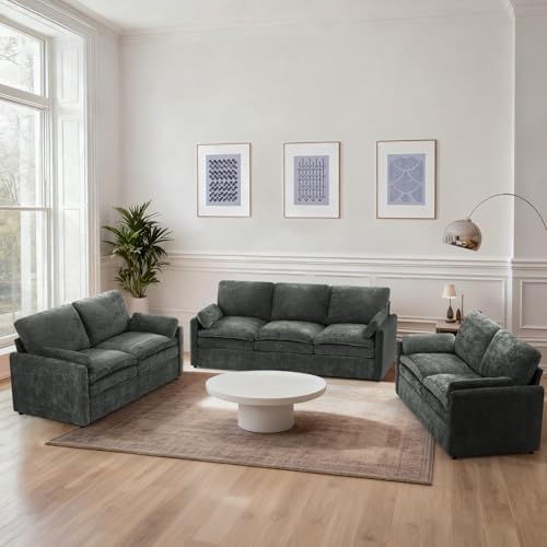 ACMEASE 3 Pieces Chenille Sofa Set w/Two Arm Pillows, Grey