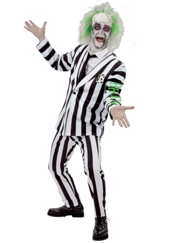Smiffys Beetlejuice Adult Costume with Shirt Dress Collar Mock Tie and Cuffs Black and White Stripes Purple Zip Up Front Official Warner Brothers Licensed Halloween Costume X-Large