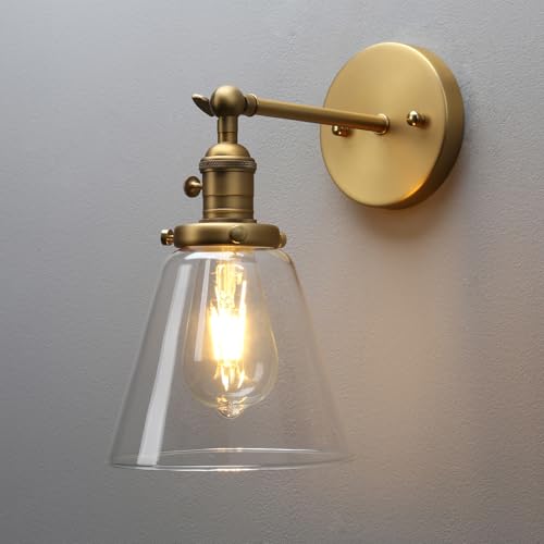 Image of PERMO Industrial Wall Sconce Single Brass Sconce with On Off Switch Funnel Flared Clear Glass Hand Blown Shade Hardwired (Antique Glod)