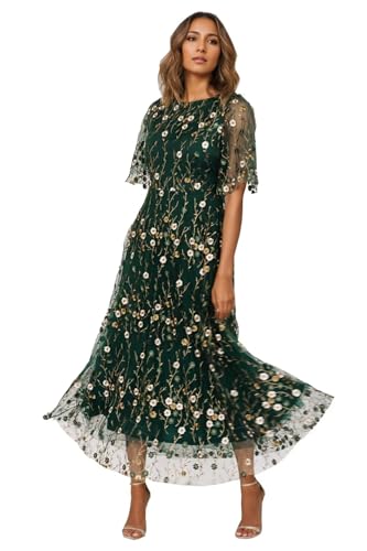 Flower Embroidery Tea Length Mother of The Bride Dresses Short Sleeves A-Line Formal Gowns for Prom Wedding Party DR05902