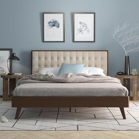 DG Casa Solomon Mid Century Modern Solid Wood Queen Size Bed Frame, Fabric Upholstered Wooden Platform Bed Frame with Slats, No Box Spring Needed, Beige Cover