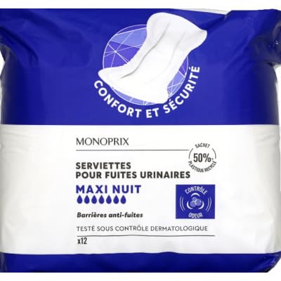 Monoprix Serviettes Pour Fuites Urinaires Maxi Nuit Avec Barrières Anti Fuites X12