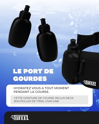 Laufgürtel, Hüfttasche, Sportgürtel mit weicher Flasche, wasserdicht, für Herren und Damen, für Smartphone, iPhone, Samsung Galaxy, bequem, Jogging, Fußball (All Black (2 Armbinden inklusive))