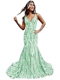 Bolodoo Sparkly Mermaid Prom Dresses for Women Sequin Open Back Long Formal Dress Evening Party Gown with Train Mint Green Size 6