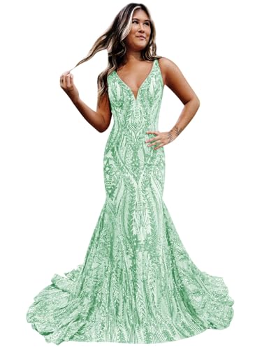 Bolodoo Sparkly Mermaid Prom Dresses for Women Sequin Open Back Long Formal Dress Evening Party Gown with Train Mint Green Size 6