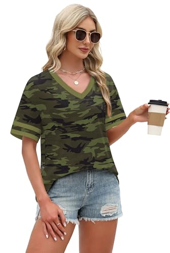 Image of WIHOLL Womens T Shirts Loose Fit Short Sleeve Tees V Neck Color Block Summer Tops 2026 Fashion S-4XL