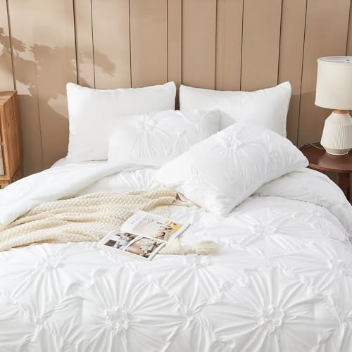 Image of White Comforter Set Queen Size Bed in A Bag 7 Piece Pinch Pleat Bedding Set,Pintuck Ruched Flowers Bed Set with Comforter, Sheets, Pillowcases & Shams
