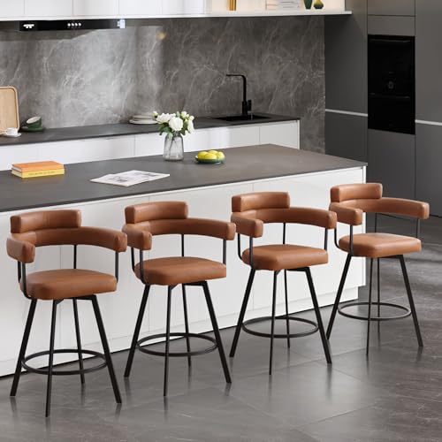Butacos giratorios de altura para barra, juego de 4 unidades, asiento de cuero sintético, patas metálicas, color marrón miniatura 1