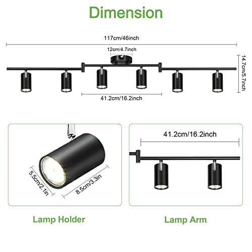 Kimjo 6-Light Black Track Lighting Fixtures For Ceiling, 6 Way Led Track Light Kit With Adjustable Light Heads & Gu10 Socket, Adjustable Ceiling Spot Lighting For Kitchen, Dining Room, Bar, Office #TOP4
