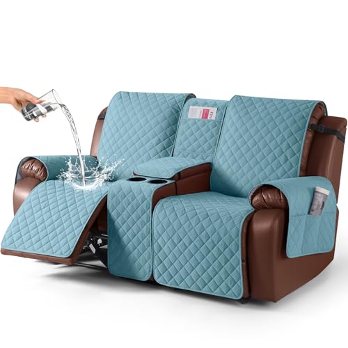 Image of KinCam 100% Waterproof Recliner Loveseat Cover with Console, Non-Slip Reclining Couch Covers for 2 Seat, Recliner Sofa Cover Furniture Protector with Elastic Straps for Kids, Pets, Light Blue