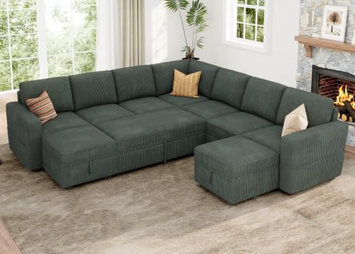 HONBAY Modular Sectional Sleeper Sofa with Pull Out Couch, Corduroy Oversized Sectional Couches Pull Out Bed with U Shaped Sleeper Storage for Living Room - Green