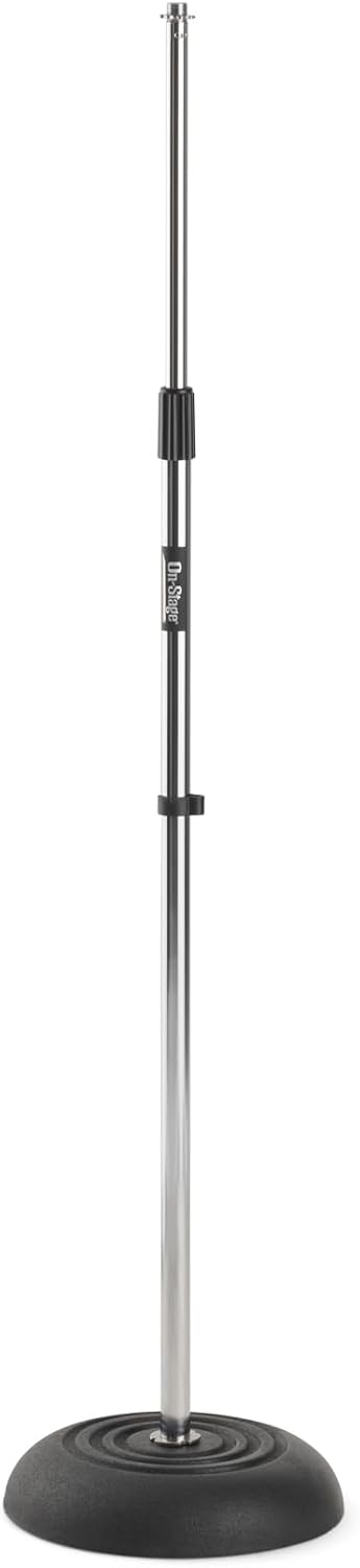 On-Stage MS7201W Round-Base Mic Stand (Supports Dynamic and Condenser Microphones, Height Adjustable 33"–60", Standard 5/8"-27 Threading, 7 lb, 10" Metal Base, Rubber Feet, Cable-Management Clip)