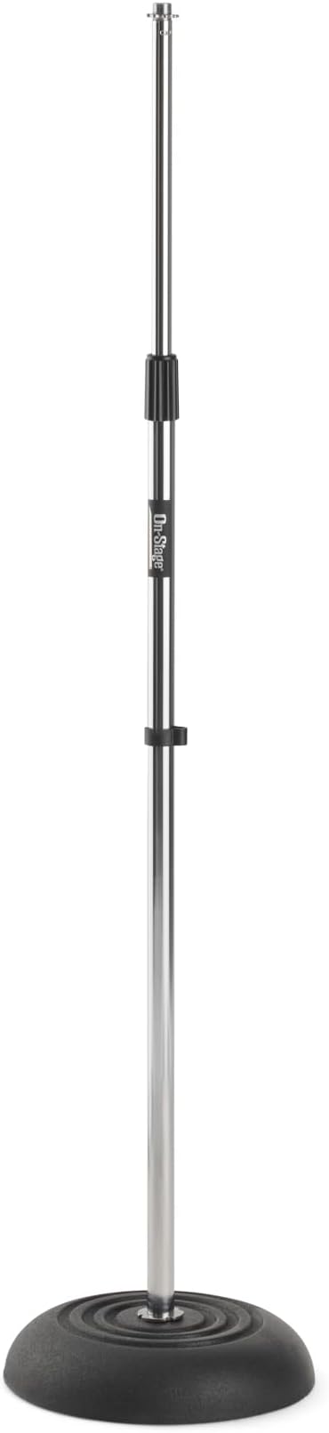 On-Stage MS7201C Round-Base Mic Stand (Supports Dynamic and Condenser Microphones, Height Adjustable 33"–60", Standard 5/8"-27 Threading, 7 lb, 10" Metal Base, Rubber Feet, Cable-Management Clip)