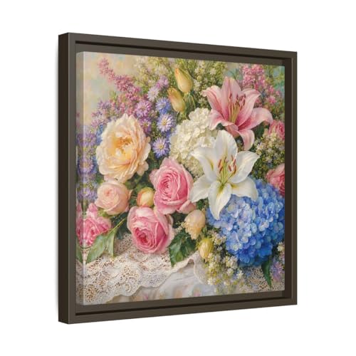 Toile imprimée fleurs vintage 35x35 cm avec cadre espresso pour décoration murale
