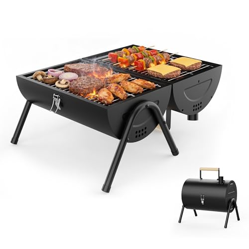 KOBEDAN Camping Grill Tischgrill Holzkohle und vielseitiger Holzkohlegrill mit 2in1 Funktion als Grill und Ofen inklusive Temperaturkontrolle und kaltem Holzgriff für Camping Outdoor und Garten