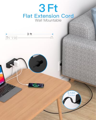 Image of 3Ft Extension Cord with Multiple Outlets, Flat Plug Power Strip Surge Protector with 3 Ft Cord, 6 Outlet 4 USB Ports (2 USB C), Multi Outlet Wall Plug for Travel, College, Dorm Room Essentials(Black)