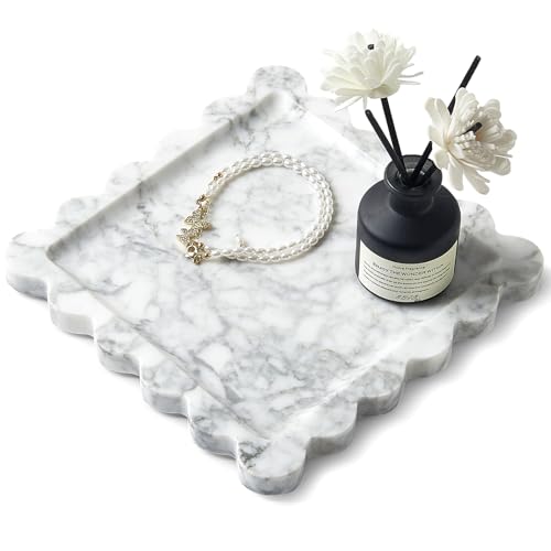 Scalloped Natural Marble Tray - Decorative Stone Tray for Bathroom & Vanity