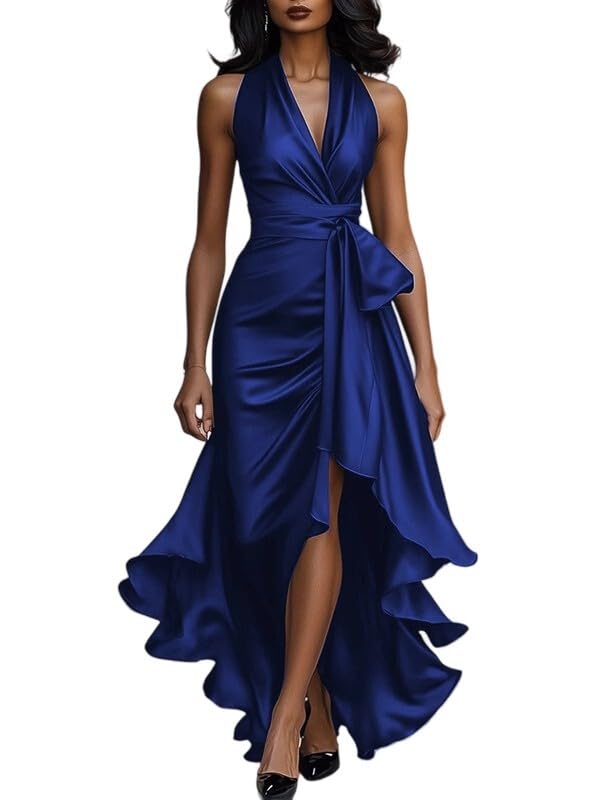 UOOZEE Women's Cocktail Evening Gown High Low Loose Ruffle Trim Tied Waist V-Neck Maxi Dresses
