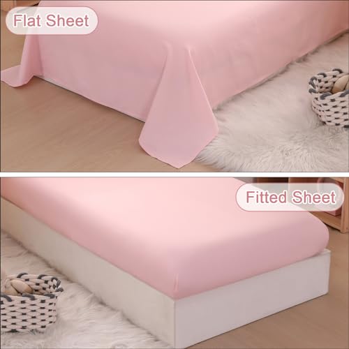 Image of Toddler Bedding Set for Girls, 4 Piece Double Ruffles Super Soft Toddler Bed Set with Boho Toddler Comforter Sheet Set, Fitted Sheet, Flat Sheet and Pillowcase, Light Pink