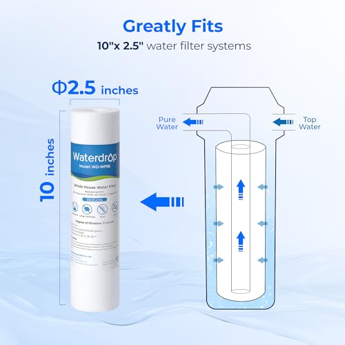 Waterdrop 5 Micron 10" x 2.5" Whole House Water Filter Replacement Cartridge, Sediment Water Filter Replacement for Any 10 inch RO Unit, Aqua-Pure® AP110, Culligan® P5, WHKF-GD05, 4 Pack