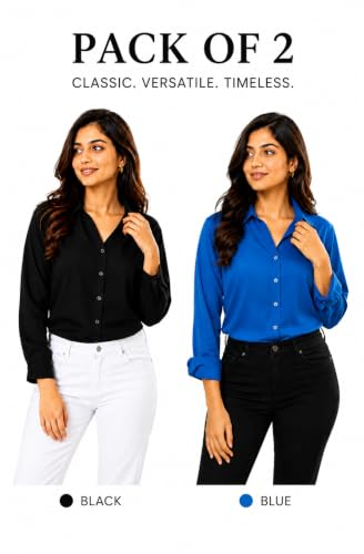 Image of FUNDAY FASHION Women Solid Regular Fit V Collered Casual Shirt (Pack of 2)