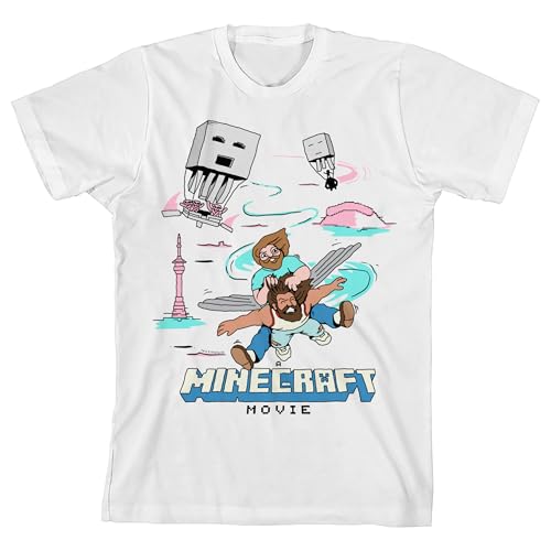 Minecraft Steve and Garett Flying Girl's White Crew Neck Short Sleeve Shirt