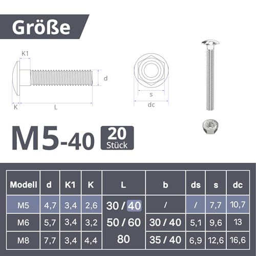 ORTAVA Schlossschrauben M5×40 Verzinkt DIN 603 (20 Stück), mit Sechskant-Flanschmutter, aus Kohlenstoffstahl, Flachrundkopfschrauben