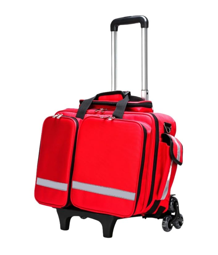 Portátil de gran capacidad con carro, kit de primeros auxilios de emergencia, ignífugo, antiestático, impermeable, con ruedas, trauma de incendio, bolsa médica multifuncional (rojo)