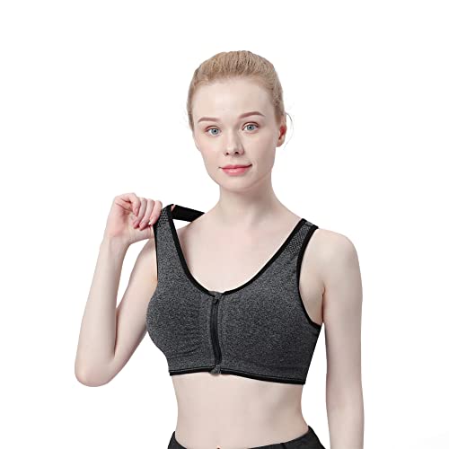 WANAYOU Women's Zip Front Sports Bra Wireless Post-Surgery Bra Active Yoga Sports Bras, 2 Pack(black+grey), L