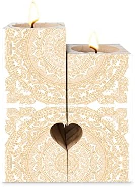 Boho Orange Mandala Candle Holders Set, Wooden Tealight Candle Holder Gifts for Women, Vintage Floral Pattern Candlesticks Holder Decor for Wedding Dinning Party