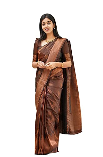 Image of C J Enterprise Women's Pure Banarasi Saree Kanjivaram Silk Sarees Soft Design Wear Pattu Sarees Party Cotton With Blouse Piece Kanchipuram For Wedding Sadi New 2024 2025 (GolaLine-51) (Brown)
