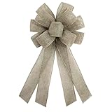 Christmas Natural Burlap Wreath Bow 20 x 11 Inches Holiday Khaki Ribbon Bow Thanksgiving Day Farmhouse Bow Tree Ornament for Home Front Door Decorations