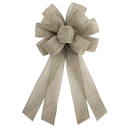 chmacura Christmas Natural Burlap Wreath Bow 20 x 11 Inches Holiday Khaki Ribbon Bow Thanksgiving Day Farmhouse Bow Tree Ornament for Home Front Door Decorations