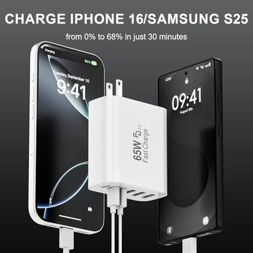 USB C Wall Charger Block, 65W GaN 6-Port Fast Charging Block,PD USB C Plug Adapter+QC Plug Compatible with iPhone iPhone 17/17 Plus/17 Pro Max/16/16 Plus/16 Pro Max/15 Pro Max/iPad Pro/14/13/12/11/SE