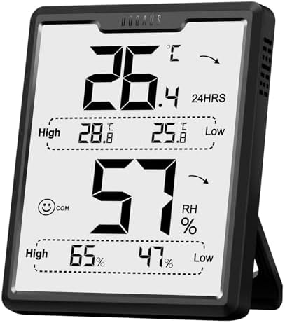 DOQAUS Thermometer Hygrometer Innen Digitales Raumthermometer, Schwarz | Präziser Sensor, 3,4'' Großes LCD, Luftkomfortanzeige (DRY/COMFORT/WET), 3 Montagearten, 2 AAA-Batterien, °