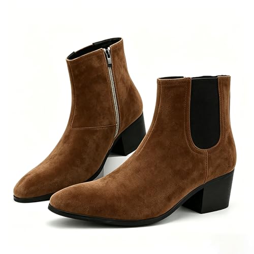 Image of Men'S Classic Leather Chunky Heel Chelsea Boots With Side Zipper Fashion Pointed Toe Elastic Band High Top Block High Heel Formal Chukka Booties For Casual Business Party Wedding