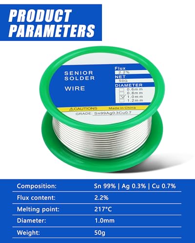 Acual Solder Wire No Lead Rosin Core Flux 1mm Electric Solder Fine Sn99 Ag0.3 Cu0.7，Fast Melting Easy for Electrical Soldering No Lead 50g No Clean Solder Wire (1mm)