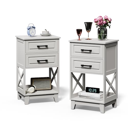 May in Color White Nightstand Set of 2, Tall Side Table with 2 Drawers and Open Shelf, Bedside Table with Solid Feet, Modern Night Stand End Table for Bedroom, Home Office, White