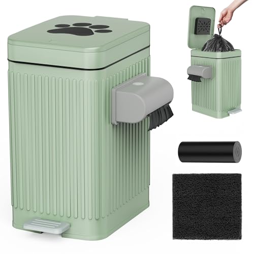 organizelink Dog Poop Trash Can for Outside & Indoor, 5L/1.3Gal Small Pet Waste Bin with Odor Control Carbon Filter, 2-Way Open (Step & Press Top), Dog Waste Container with Trash Bag Holder, Green